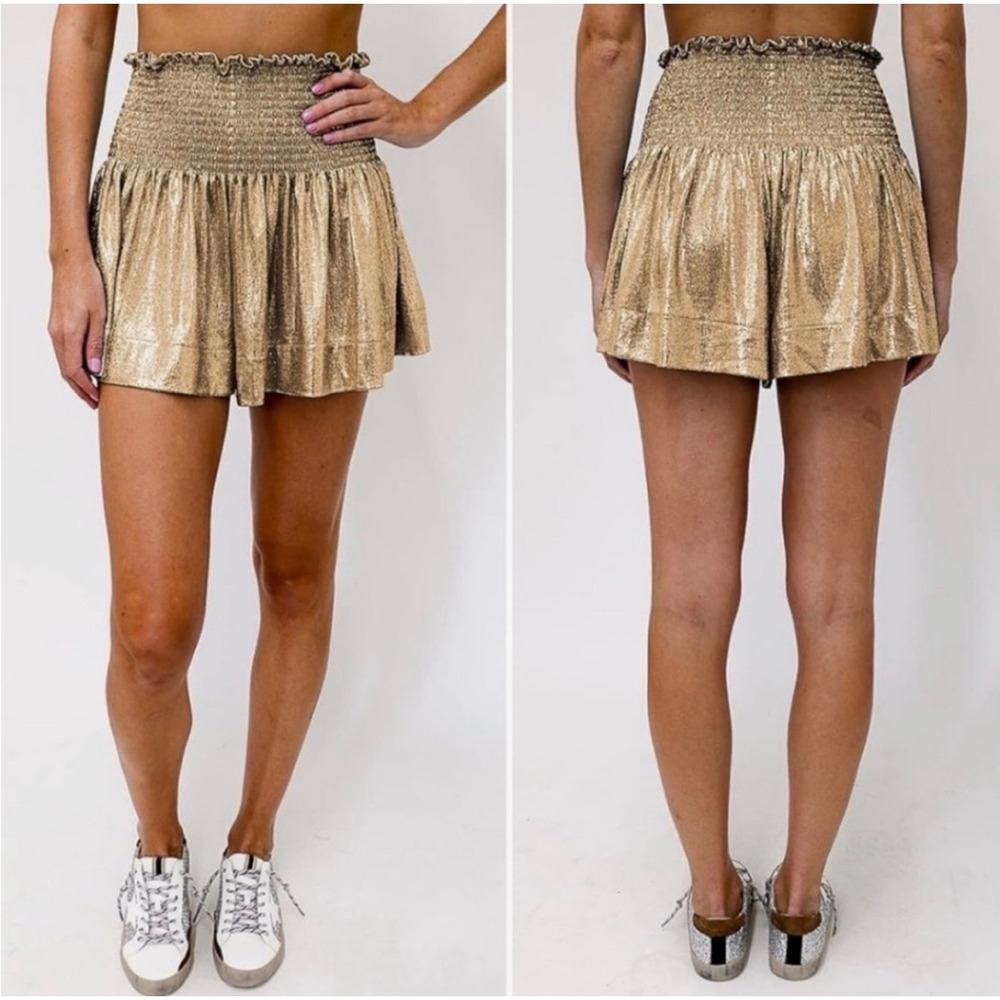 QUEEN OF SPARKLES Metallic Gold High-Waist Flared Shorts